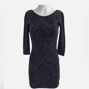 Trixxi Black Sparkle 3/4 Sleeve Glitter A-Line Holiday Party Dress Size M/L NWT